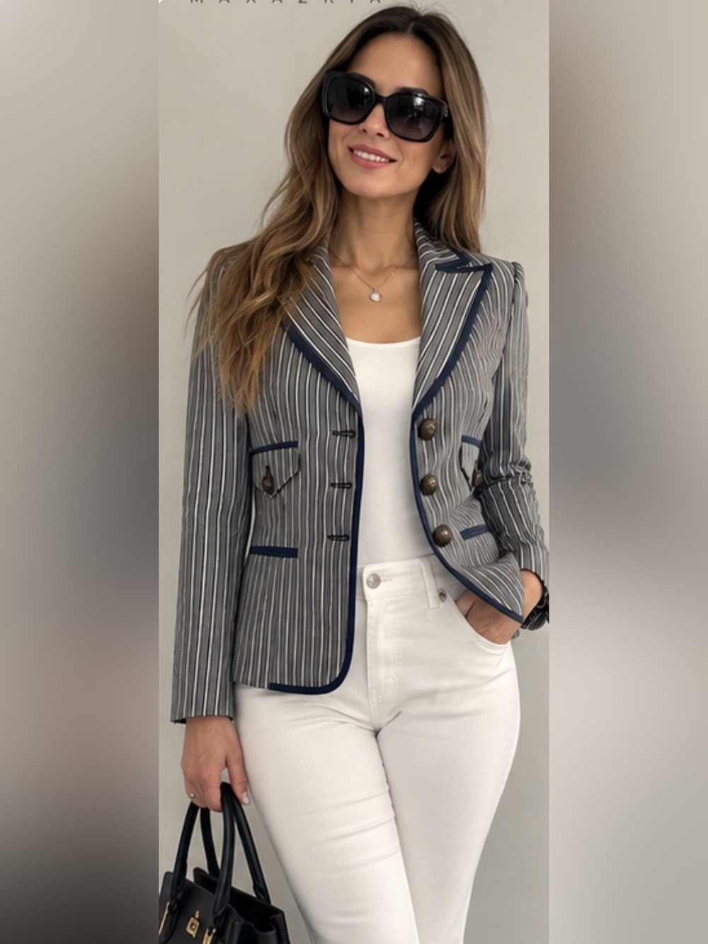 BCBG Black and White Pinstripe Blazer with Notched Lapels